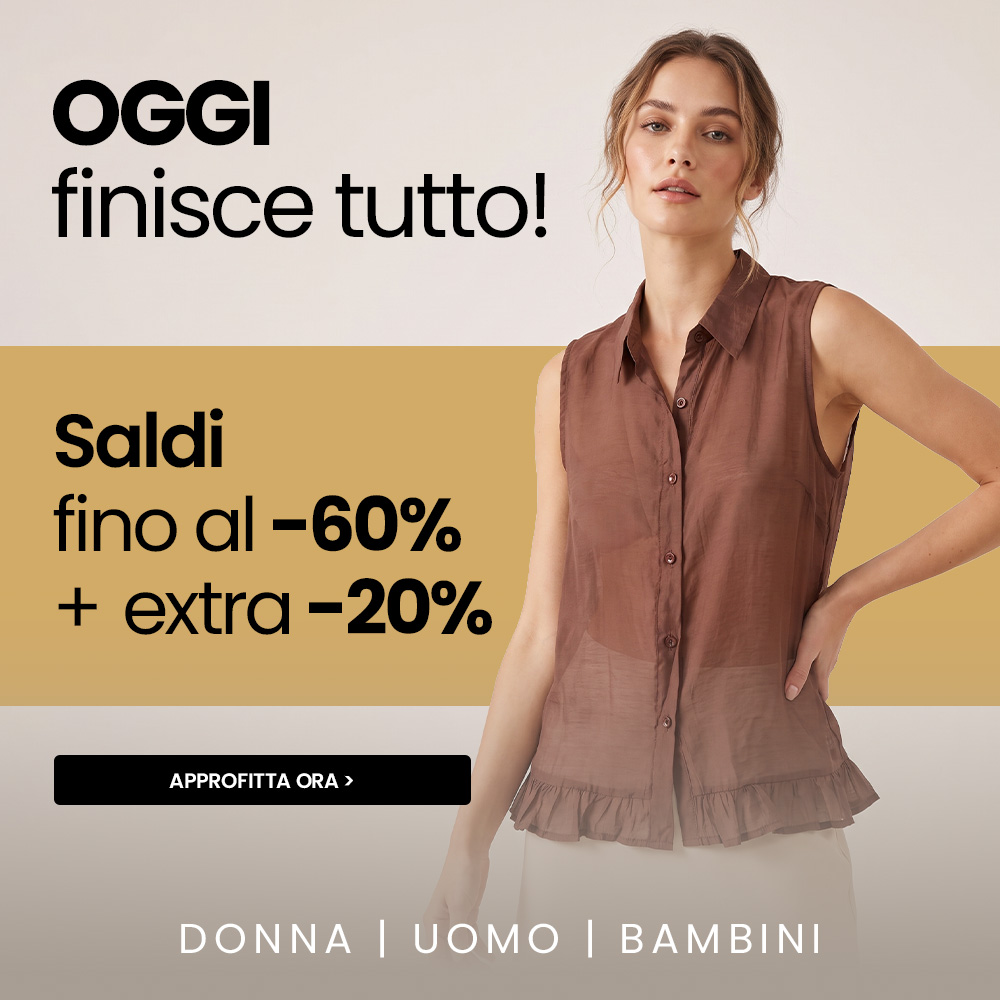Woman in brown sleeveless blouse beside banner: sale up to 60% off + extra 20% — women, men, children