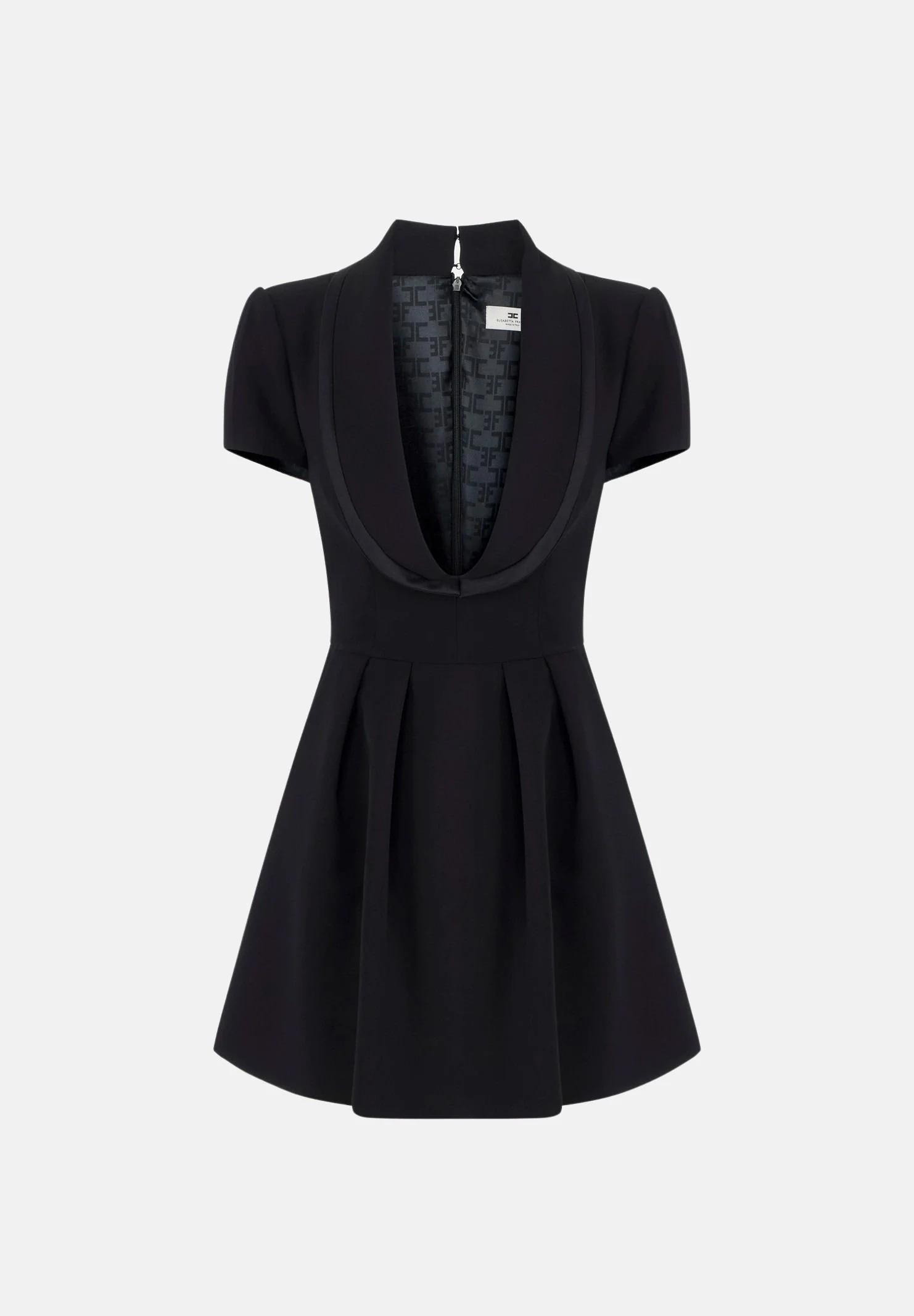 Image of ELISABETTA FRANCHI Mini abito nero da donna con profondo scollo e rever sciallato.