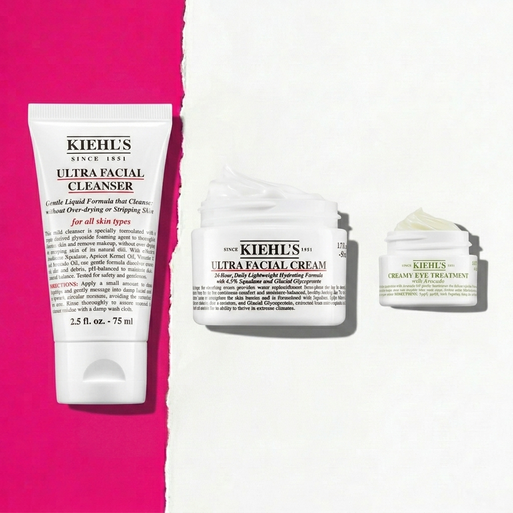 Ultra Facial Cleanser, Ultra Facial Cream, Avocado Eye Treatment su sfondo bianco e rosa