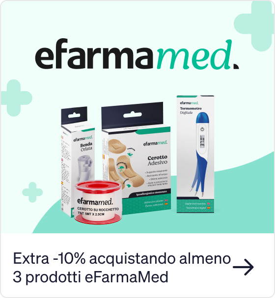 eFarmaMed logo with adhesive plasters, bandage roll and digital thermometer; promo: extra 10% off when buying 3+ products