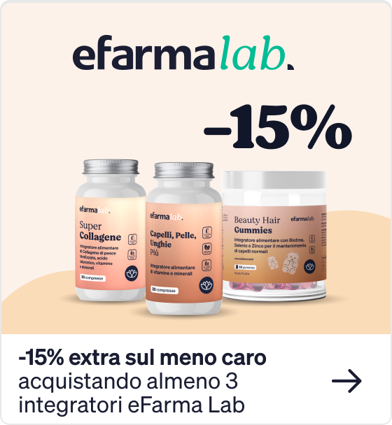 eFarmaLab logo with three supplement jars (collagen, hair vitamins and beauty gummies) and bold -15% discount