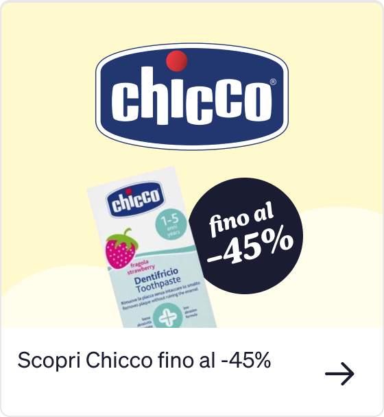 Chicco logo with strawberry children's toothpaste (1–5 years) and 'up to -45%' discount badge