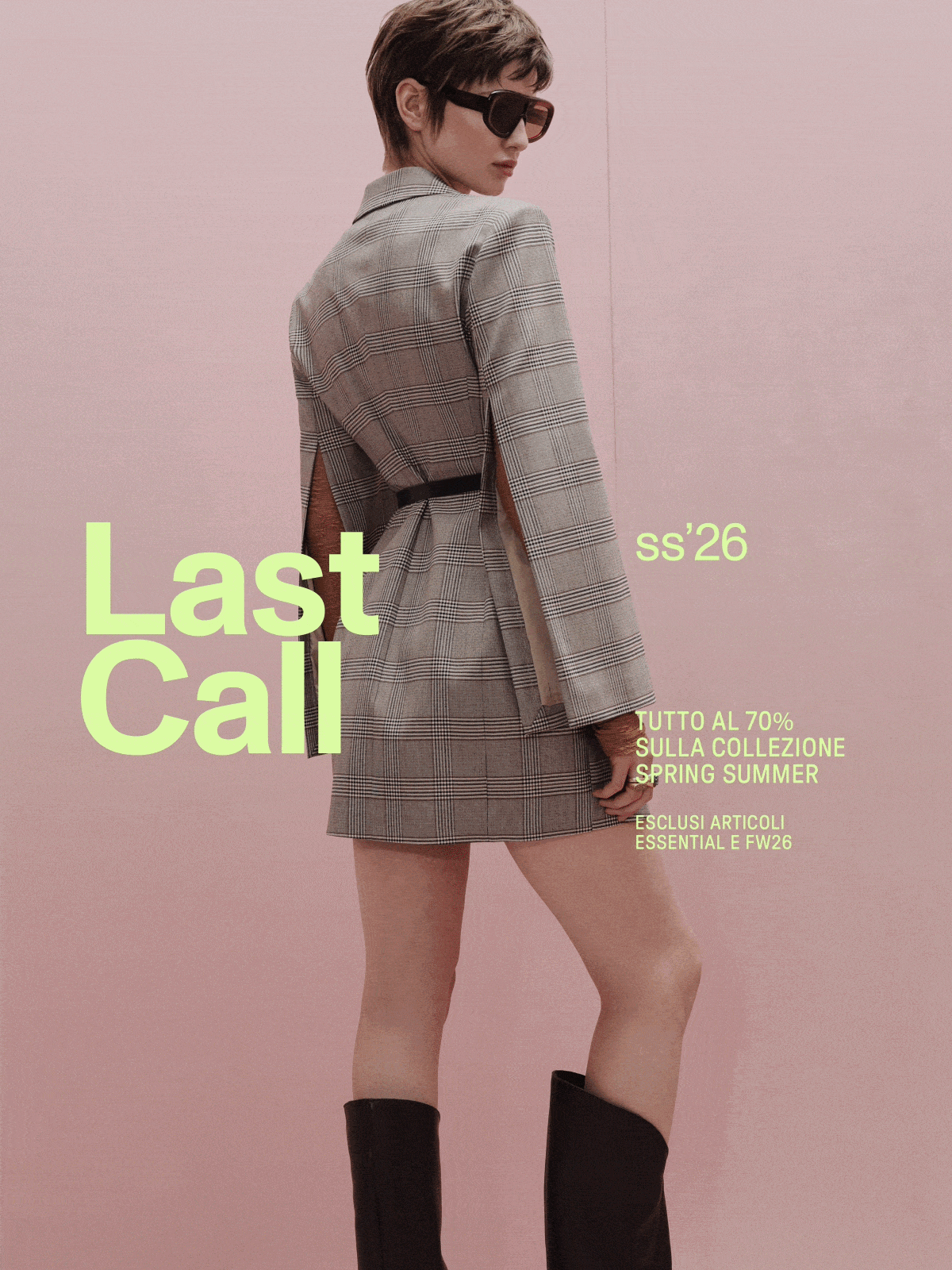 Collage of nine fashion photos showing diverse models in SS26 collection, neutral and pastel outfits with 'Last Call' overlay