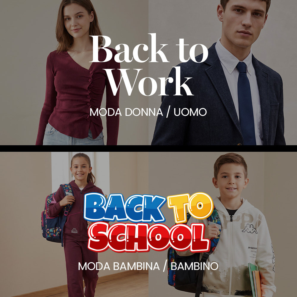 Split banner: 'Back to Work' adults' fashion — woman in burgundy top, man in navy suit; 'Back to School' kids with backpacks