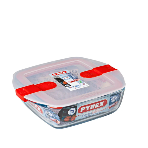 Cook & Heat Contenitore Per Alimenti Quadrato In Vetro Borosilicato Con Coperchio con valvola a vapore - 14x12 cm