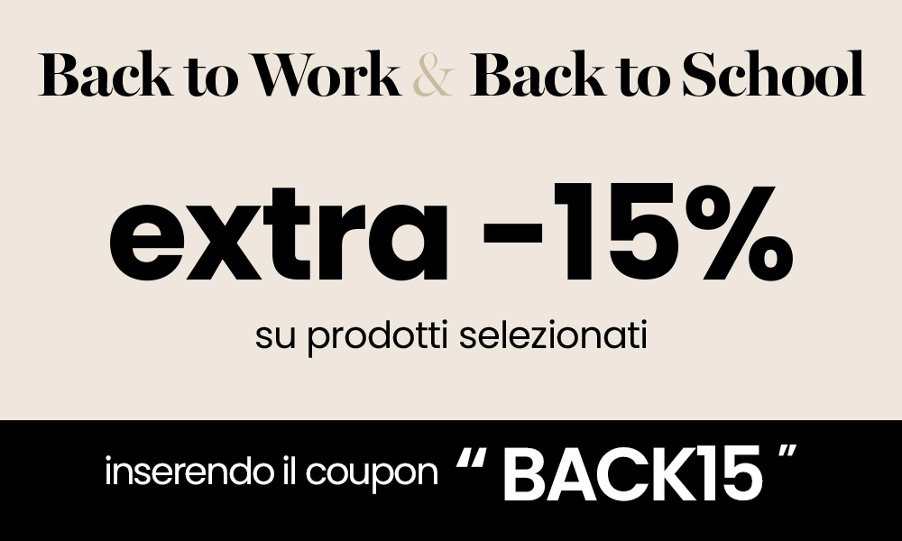 Promotional banner: 'Back to Work & Back to School' offering an extra 15% off selected products with coupon code BACK15