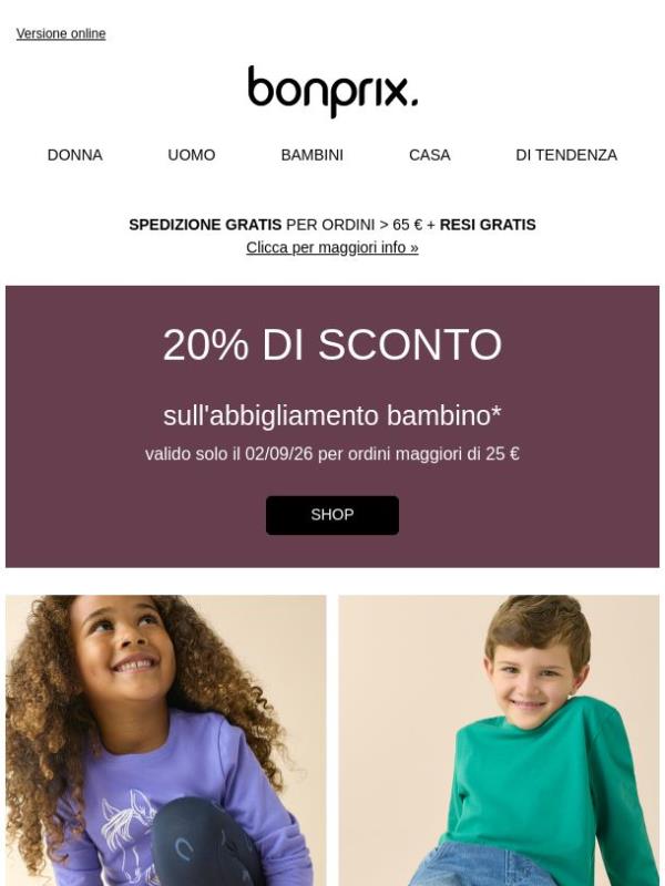 Solo oggi: risparmia il 20% sull'abbigliamento bambino!