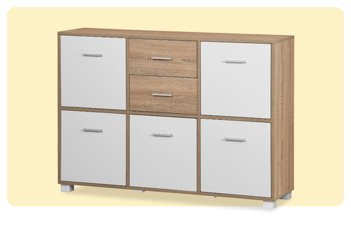 Oak-effect sideboard with six white doors and two central wood drawers on short silver legs