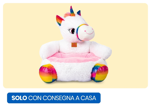 Plush unicorn kids armchair with pink seat and rainbow hooves and horn, soft toddler chair for nursery or playroom