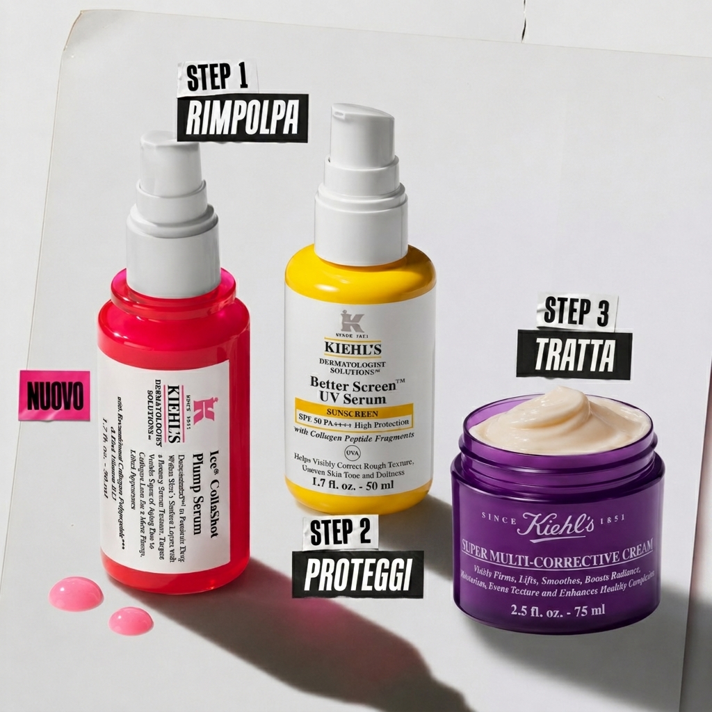 Collashot con due gocce rosa, Better Screen UV Serum e Super Multi Corrective Cream su sfondo grigio