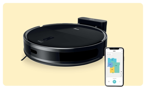 Black smart robot vacuum with dock and smartphone displaying room-mapping app and zone cleaning map