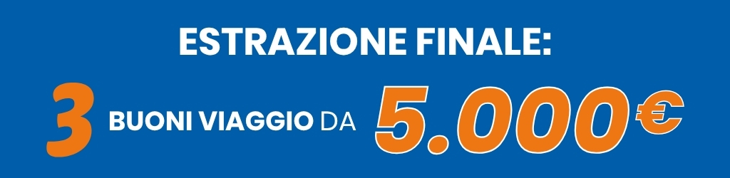 Promotional banner: final draw offering three travel vouchers worth €5,000 each