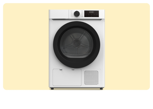 White front-loading tumble dryer with black circular door, digital display and vent panel on pale yellow background