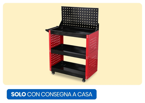 Red and black metal tool trolley with perforated pegboard back, three storage shelves and caster wheels