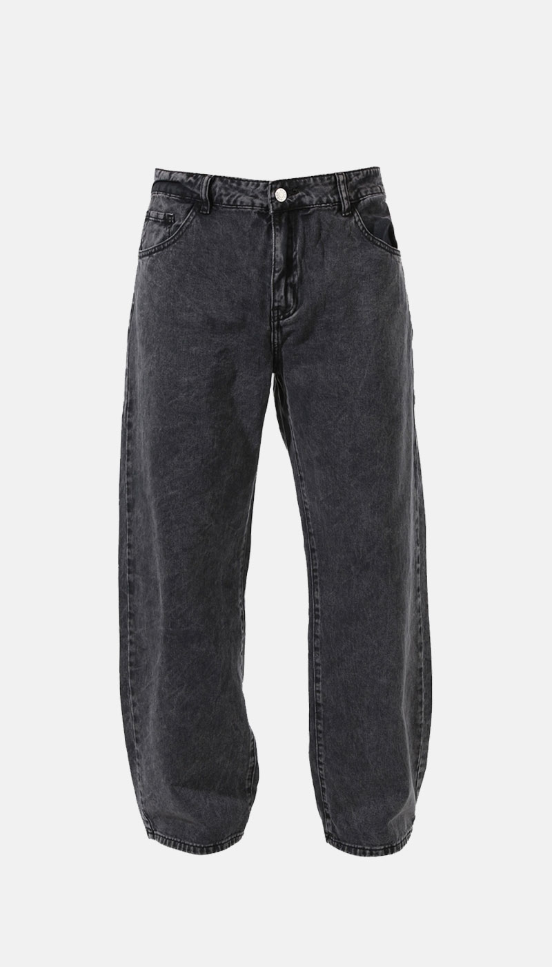 Black washed high-waisted wide-leg denim jeans with relaxed fit, five-pocket styling and button-and-zip fastening
