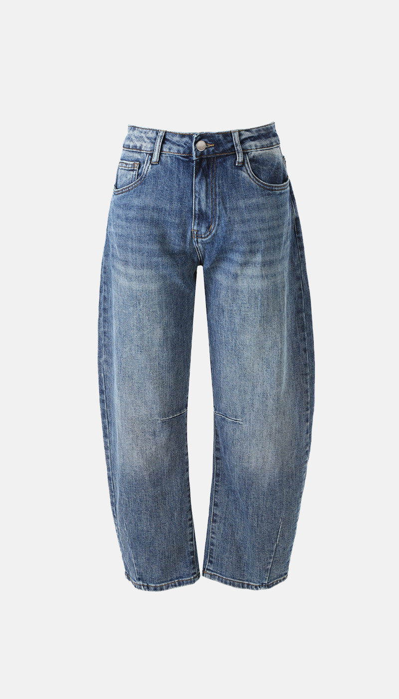 Cropped high-waisted wide-leg blue denim jeans with faded wash, front and coin pockets, belt loops and button fly
