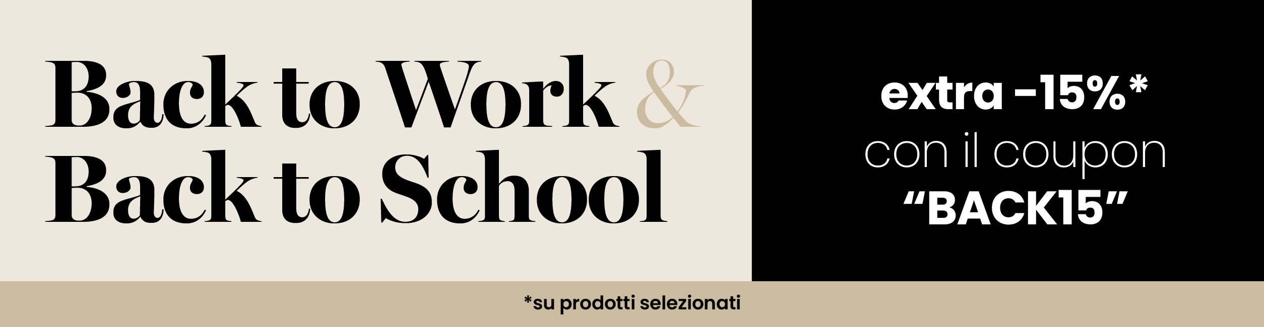 Back to Work & Back to School sale banner — extra 15% off with coupon BACK15 on selected items