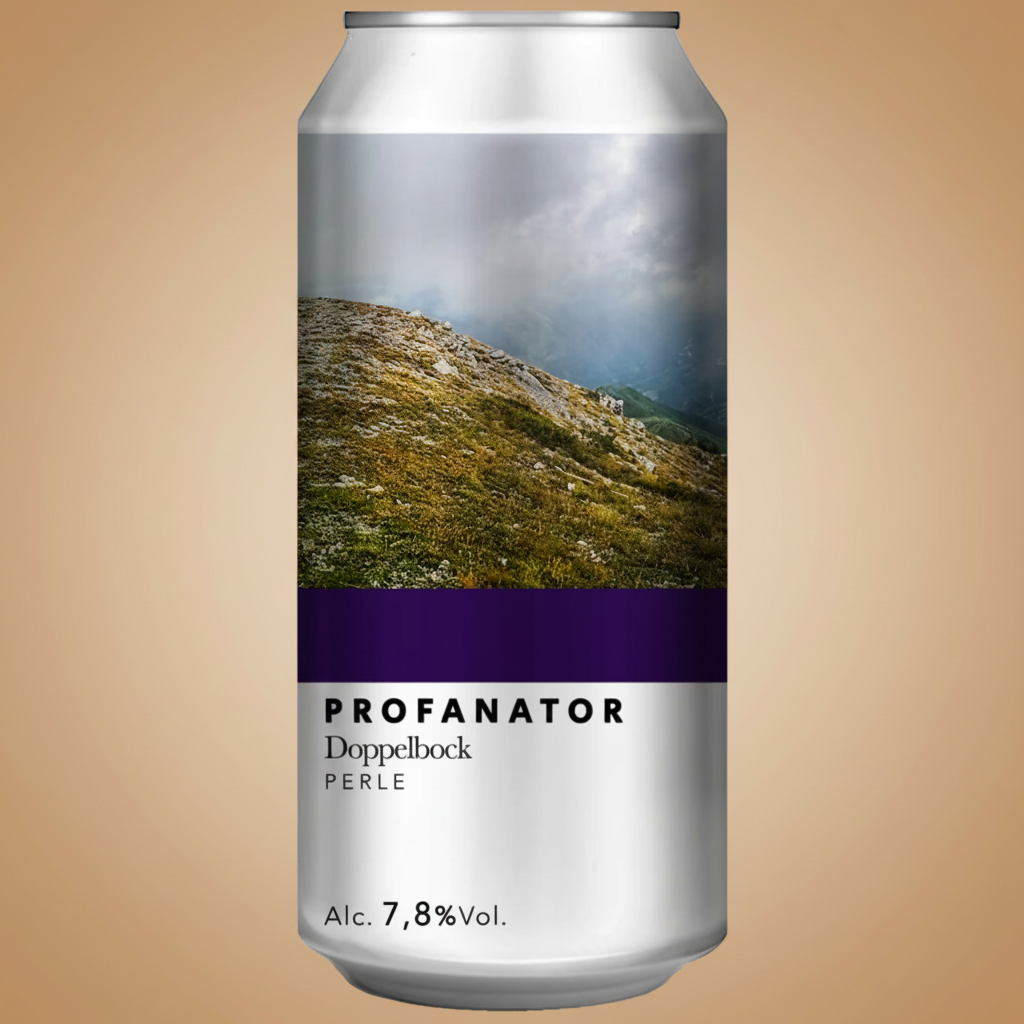 A can of Profanator Doppelbock beer with a mountain landscape on the label.