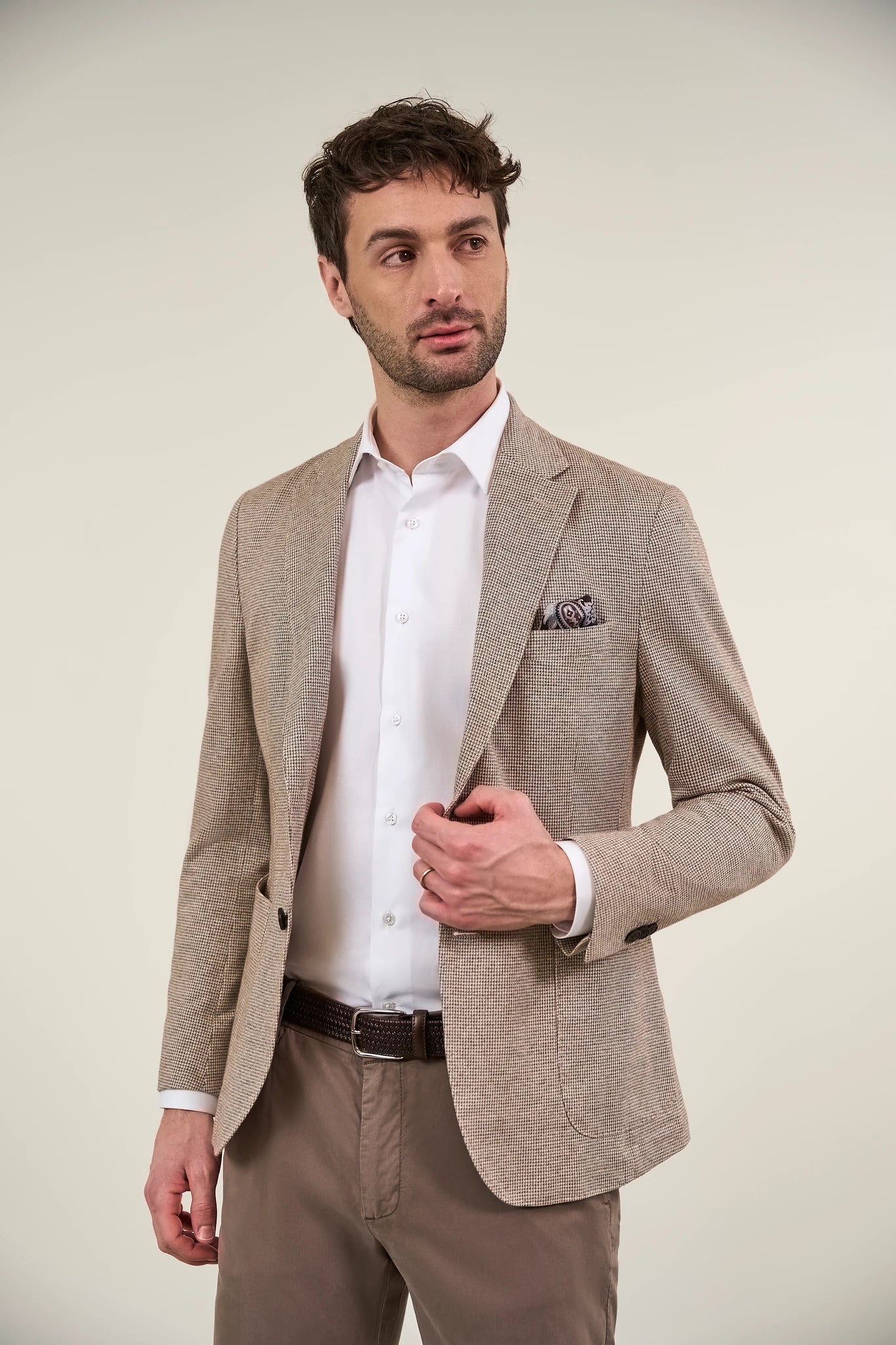 Image of Giacca beige jersey cotone lino pied de poule custom fit