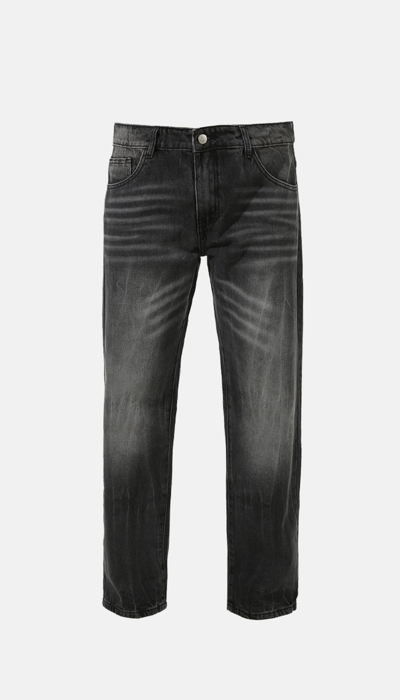 Men's straight-leg black faded jeans, five-pocket front view with whiskering and button-and-zip closure