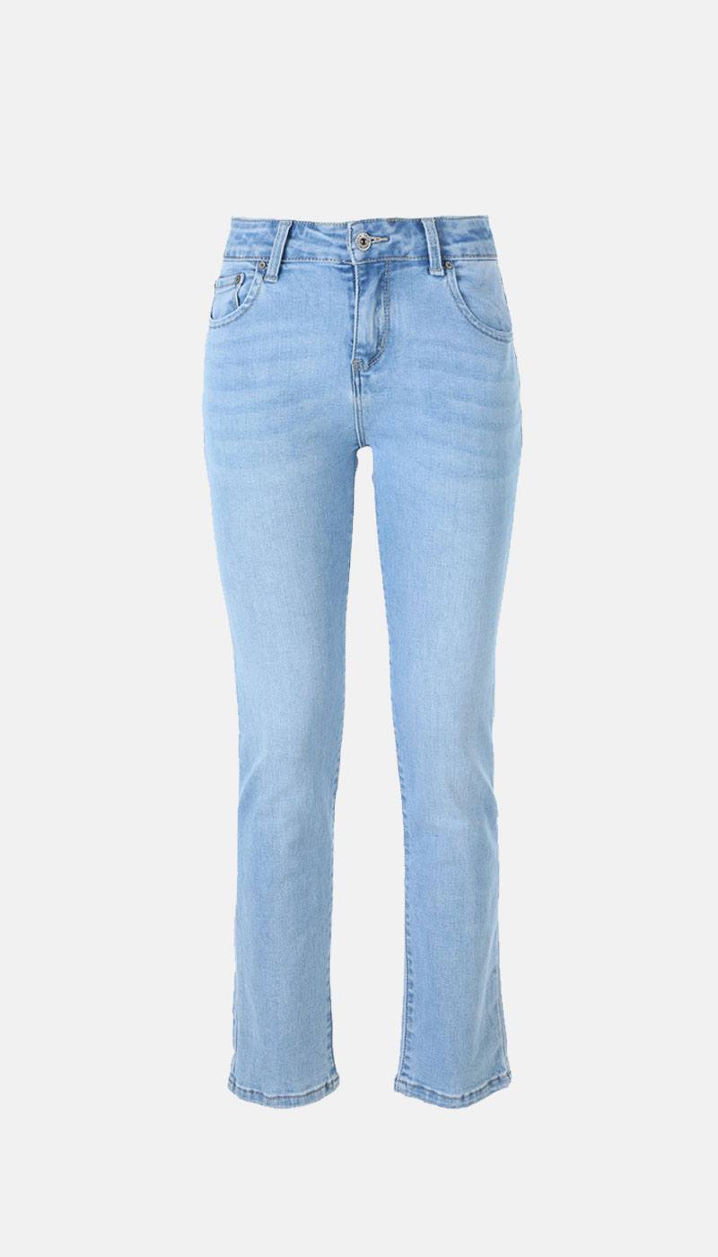 Women's light-blue high-waist straight-leg jeans with slight flare, five-pocket design and button-and-zip fastening