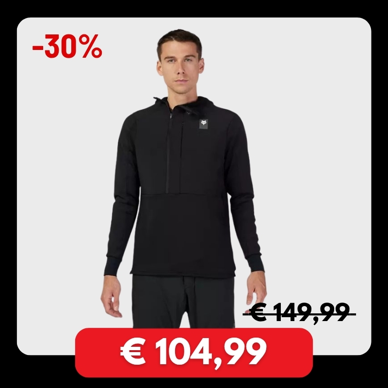 Man wearing black half-zip hoodie and trousers on white background, 30% off badge; price €149.99 crossed out, now €104.99