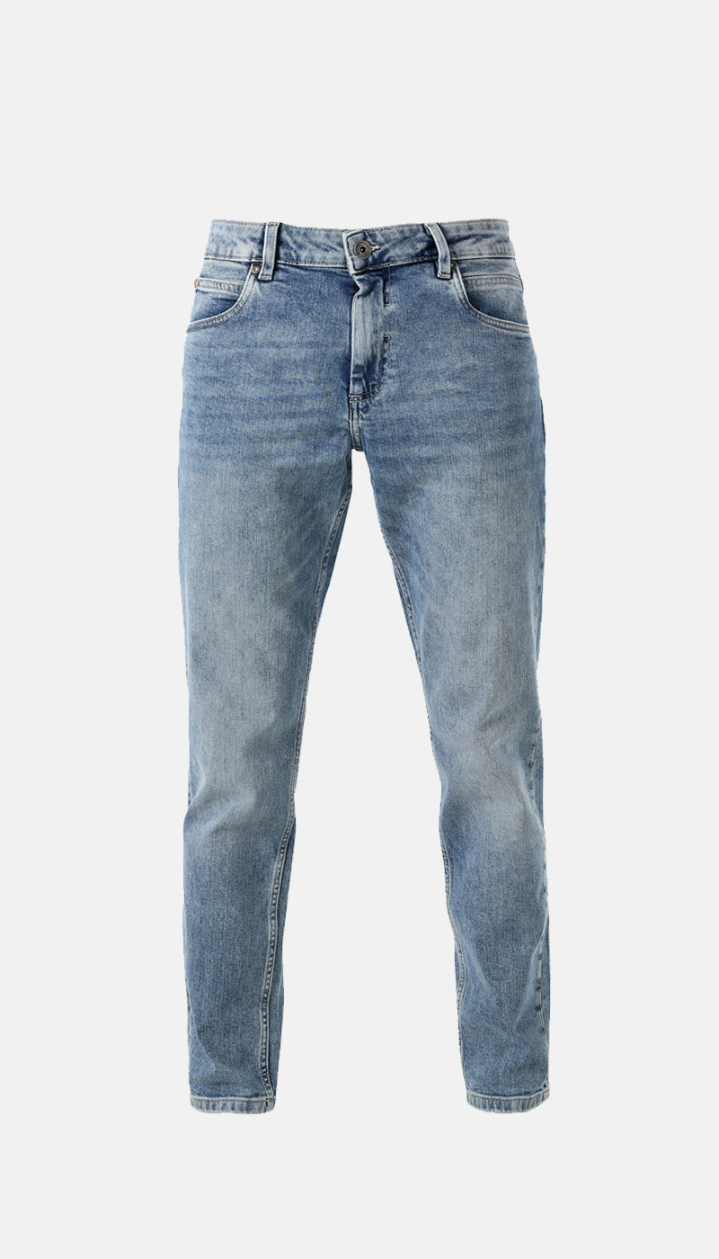 Light-wash slim-fit denim jeans, front view on plain white background — five-pocket design with button fly