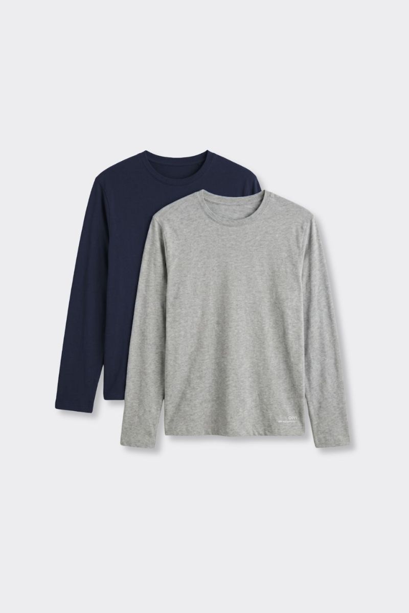 T-Shirt a Manica Lunga Blu e Grigio Chiaro Melange - Set da 2