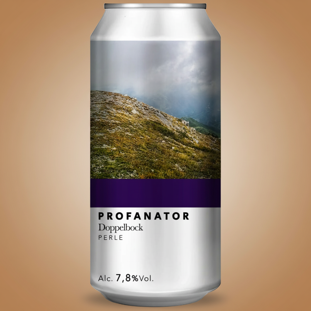 A silver can of "PROFONATOR Doppelbock PERLE" beer with a mountain landscape on the label.