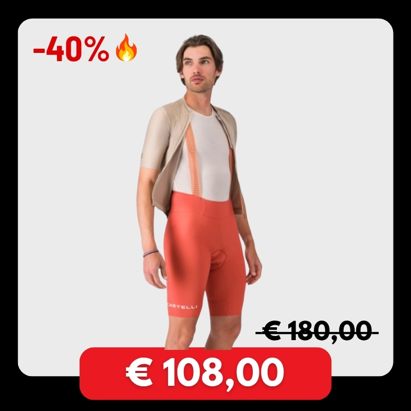 Male model wearing red Castelli cycling bib shorts and beige mesh top, sale graphic '-40%' and price €108 (was €180)
