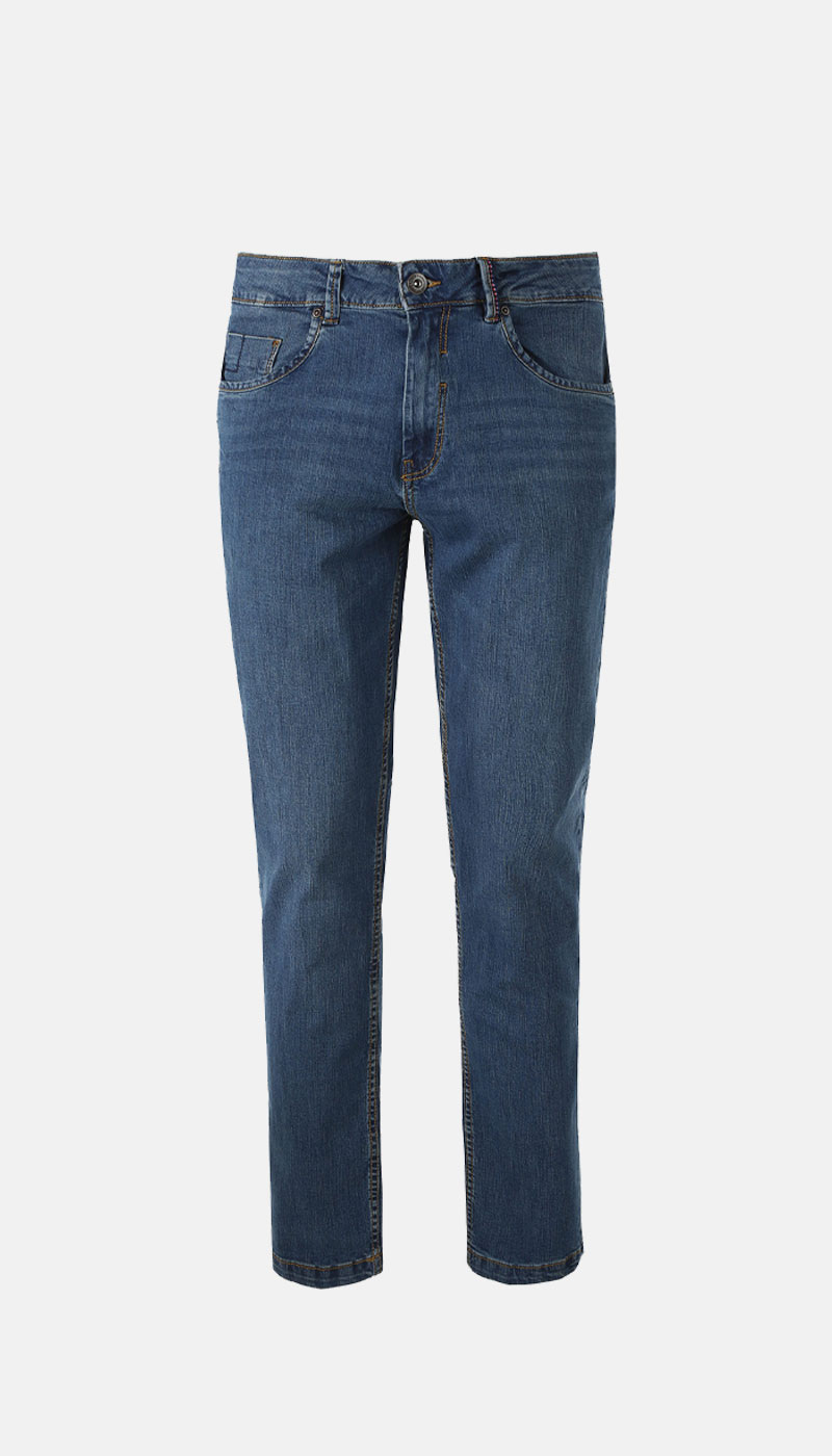 Front view of mid-blue straight-leg denim jeans with five-pocket styling and button-and-zip fastening on white background