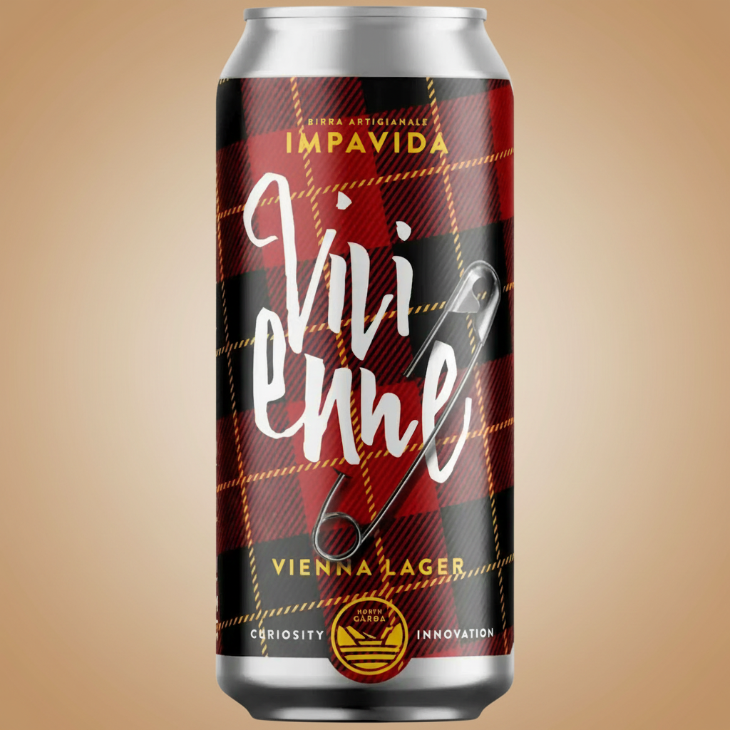 A beer can with a plaid design and "Vivienne" written in script.