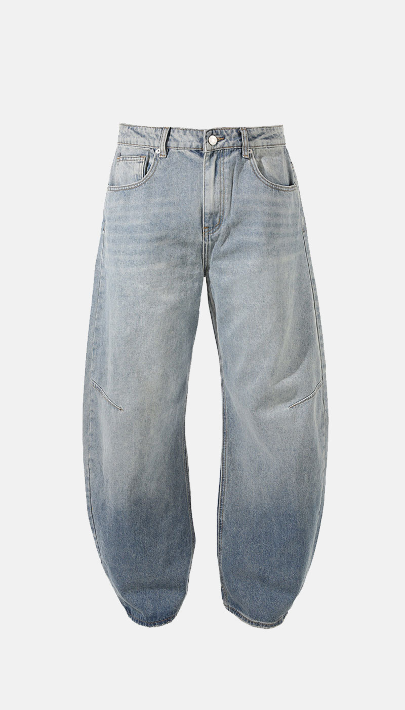 Light-wash baggy wide-leg denim jeans with high-rise waist, five-pocket styling and rounded tapered hems