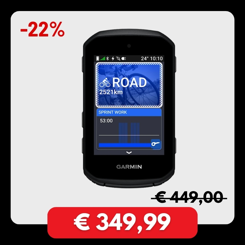 Garmin cycling GPS computer showing ROAD profile and sprint workout, discounted by 22% with price €349.99