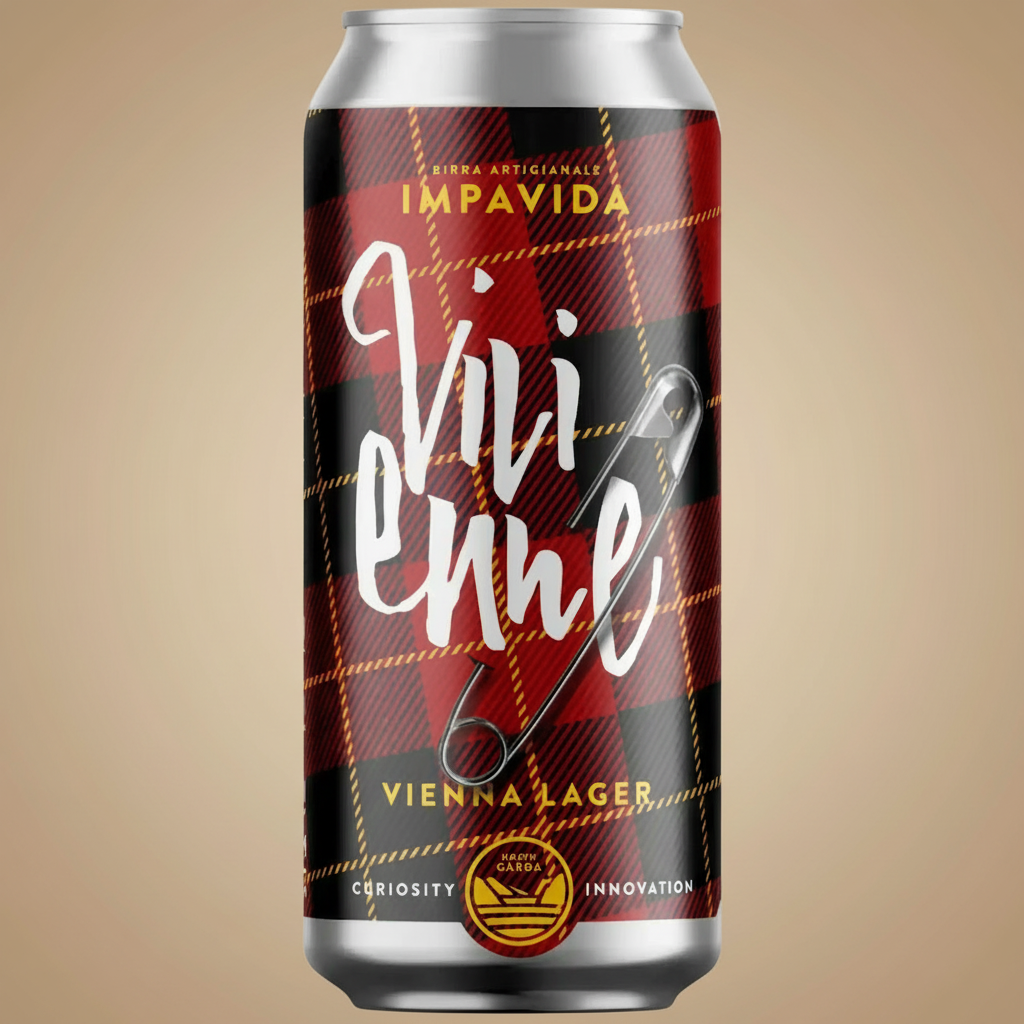 A beer can with a tartan pattern and "Vivienne" written in script.