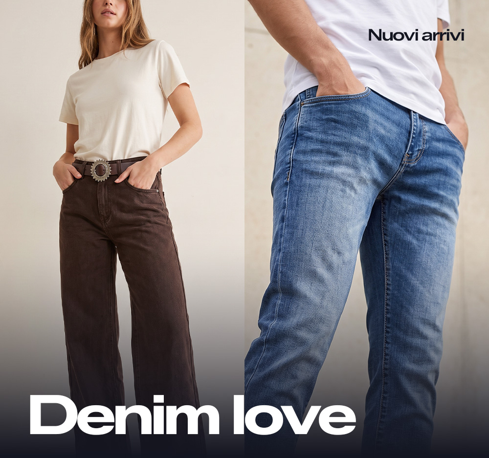 Split image of two models in denim: woman in brown wide‑leg jeans and cream T‑shirt with belt; man in faded blue jeans and white T‑shirt