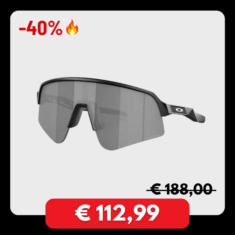 Oakley sports wraparound sunglasses with grey shield lens and black frame, on 40% off sale for €112.99