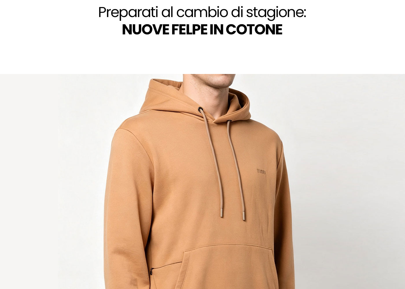 Male model wearing camel cotton hoodie with drawstrings and kangaroo pocket on a light background