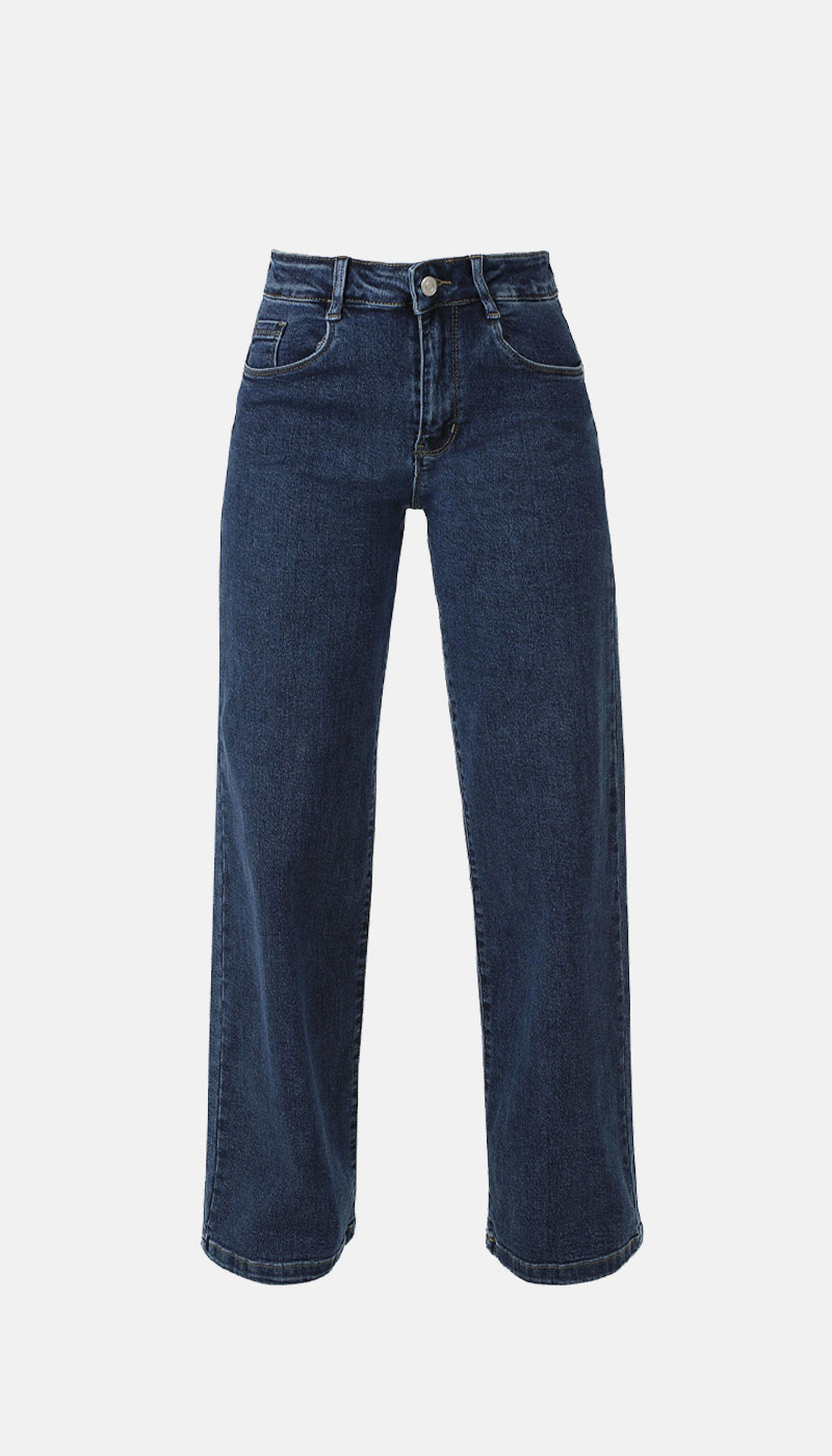 High-waisted wide-leg dark blue denim jeans, front view with five-pocket styling and button-fly closure on white background