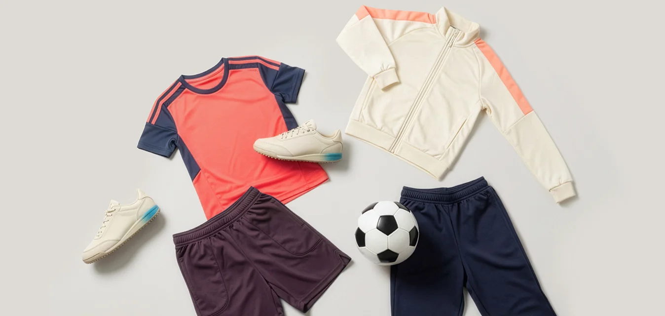 Due completi sportivi con scarpe e un pallone da calcio, compresi una maglietta corallo con pantaloncini e una giacca crema con pantaloni blu navy.