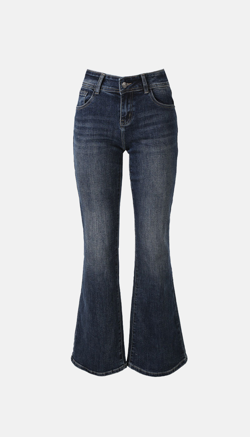 Mid-rise dark wash women's flared jeans with five-pocket styling, contrast stitching and subtle whiskering on white background