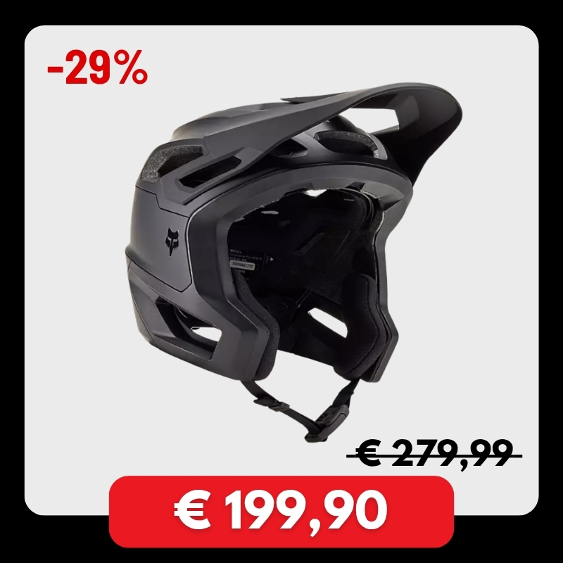 Matte black full-face mountain bike helmet with visor and chin protection, 29% off — now €199,90 (was €279,99)