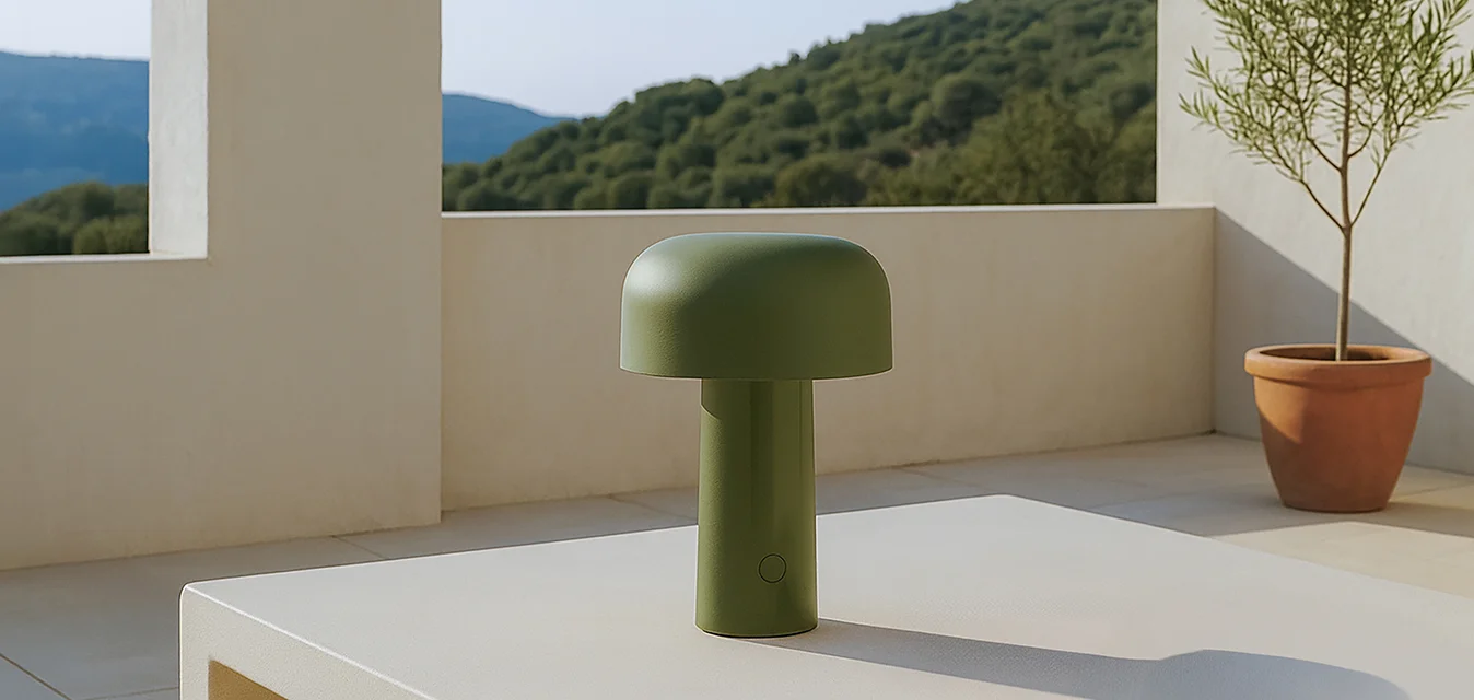 Terrazza esterna minimalista con pareti bianche, lampada verde portatile su tavolo bianco, albero di ulivo in vaso e collina distante sotto un cielo sereno.