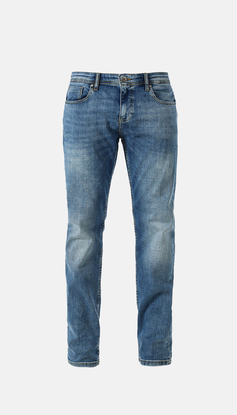 Men's slim-fit blue washed denim jeans, front view on plain white background