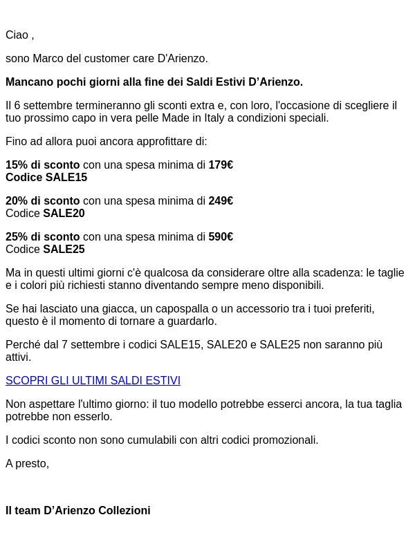 Ultimi giorni: il 6 settembre finiscono i Saldi D’Arienzo