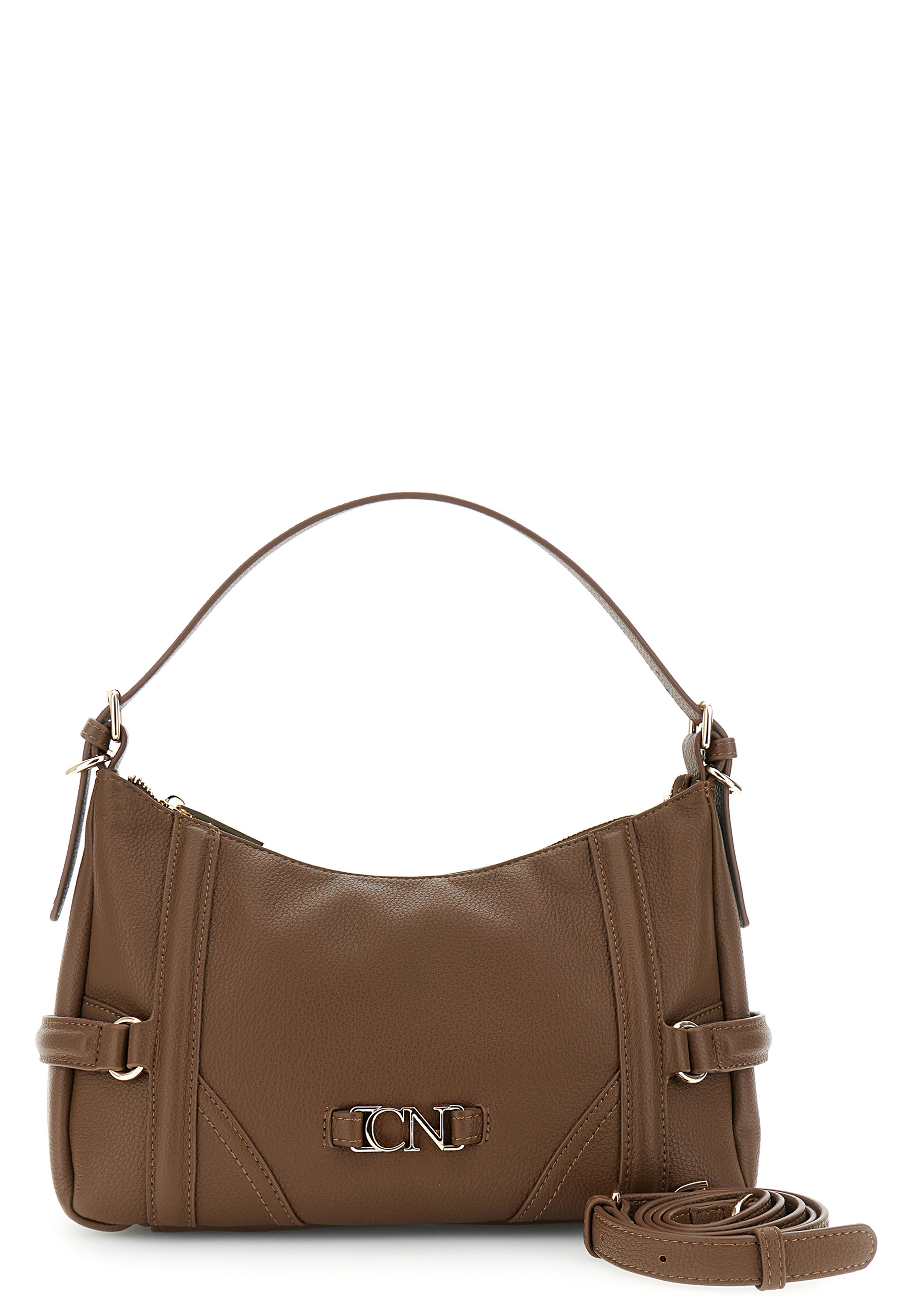 Image of piccola borsa a spalla effetto pelle con grana con cinghie e fibbie marrone
