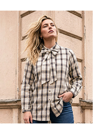 Blusa, a quadri, con fiocco rimovibile, colletto a camicia, maniche lunghe – scopri ora