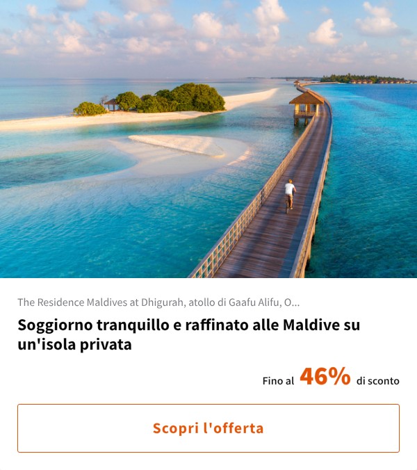 Soggiorno tranquillo e raffinato alle Maldive su un'isola privata