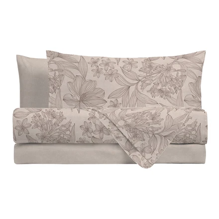 Completo Letto Matrimoniale in Cotone con Stampa - Fantasia Hug Me Alina Taupe