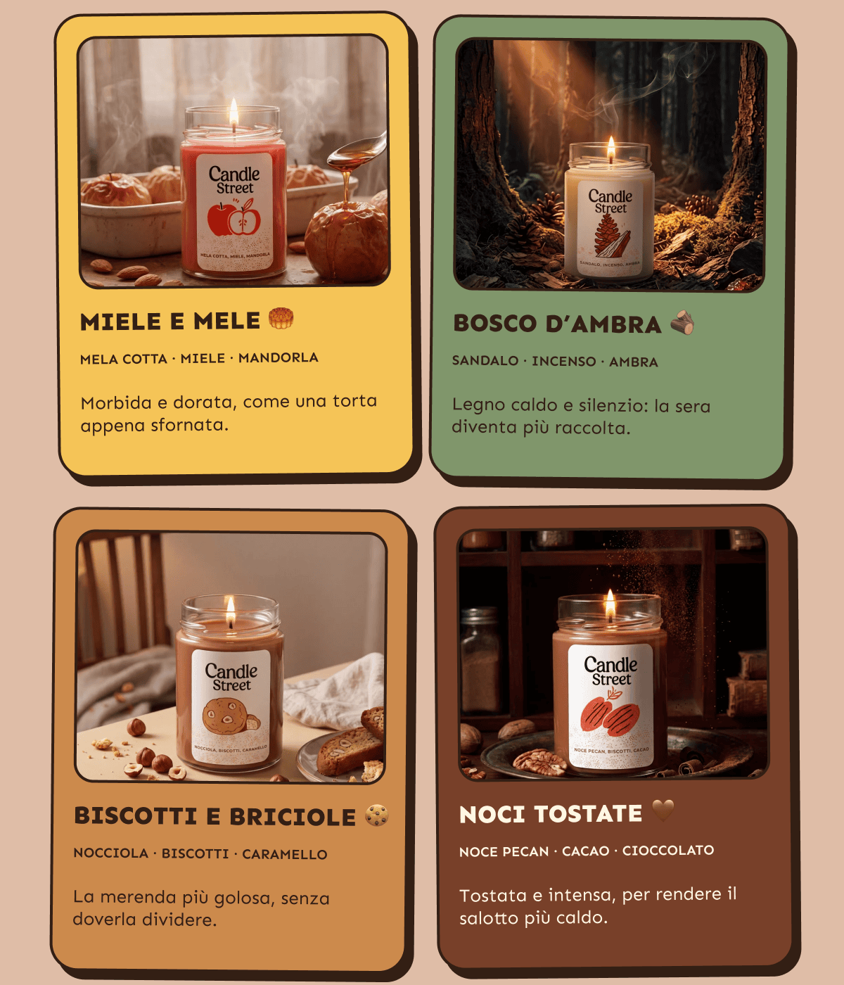Miele e mele, Bosco d’ambra, Biscotti e briciole e Noci tostate